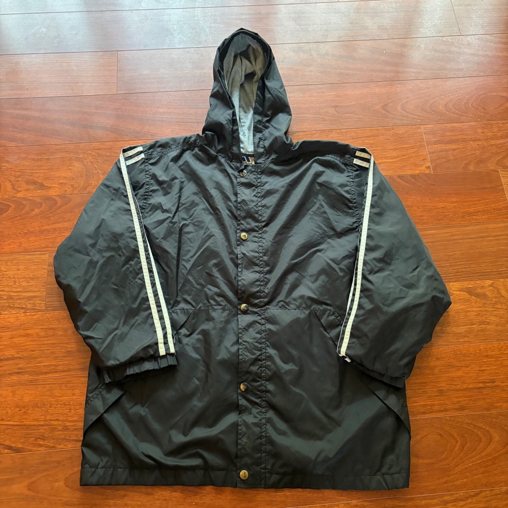 Adidas Mens Windbreaker Jacket Size L Black Hooded Snap Front Vintage 90s Coat